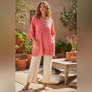 Parsley & Sage Coral Embroidered Boho Cotton Tunic Top Women’s Size L